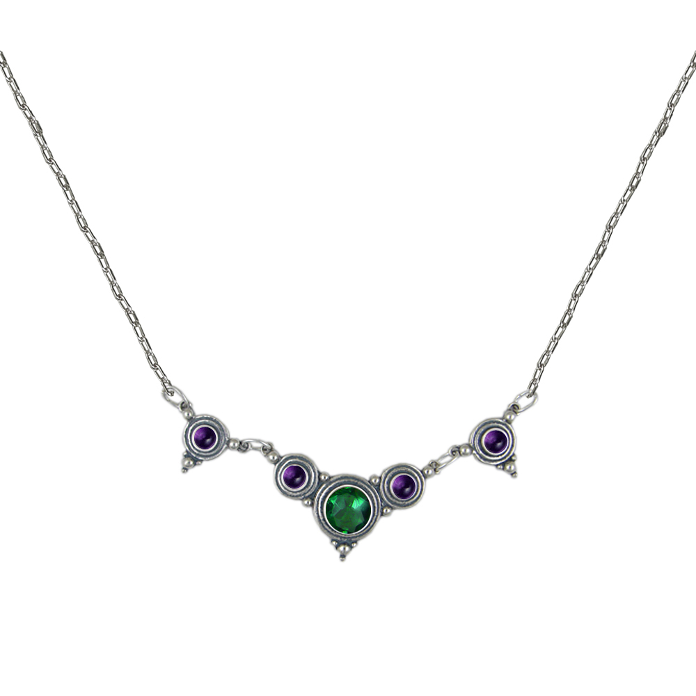 Sterling Silver Gemstone Necklace With Green And Amethyst